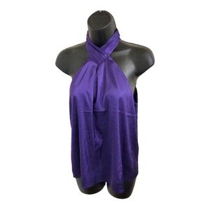 Nine West purple satin effect pleated neck twist front halter blouse size XS new